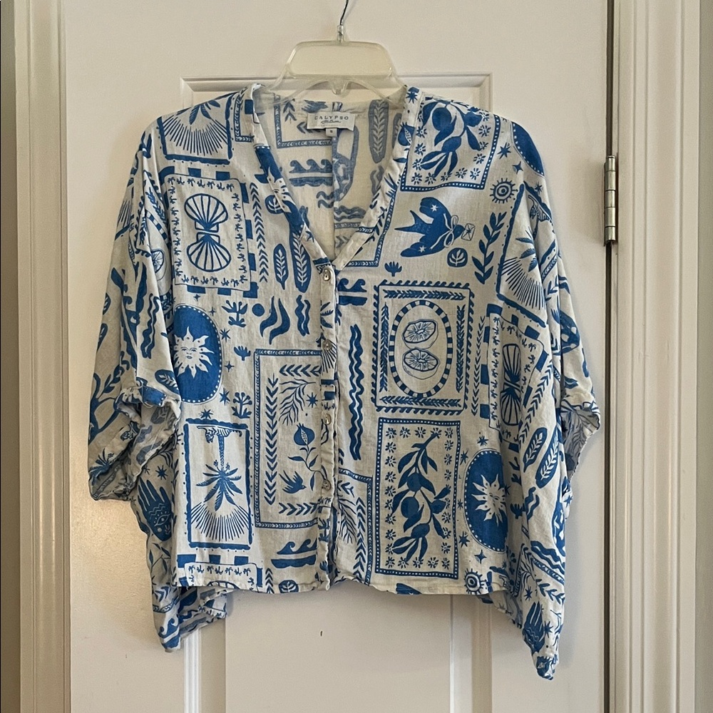 Calypso Flowy Blue & White Blouse